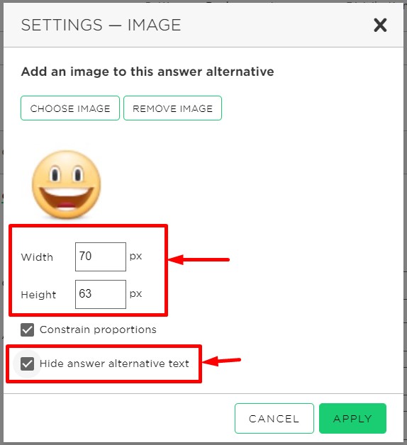 Click Hide answer alternative text, to only show the smiley