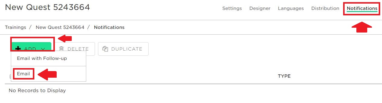 Go to Notifications, press Add, then choose Email