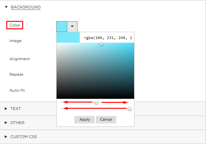 select the transparency of the selected colour