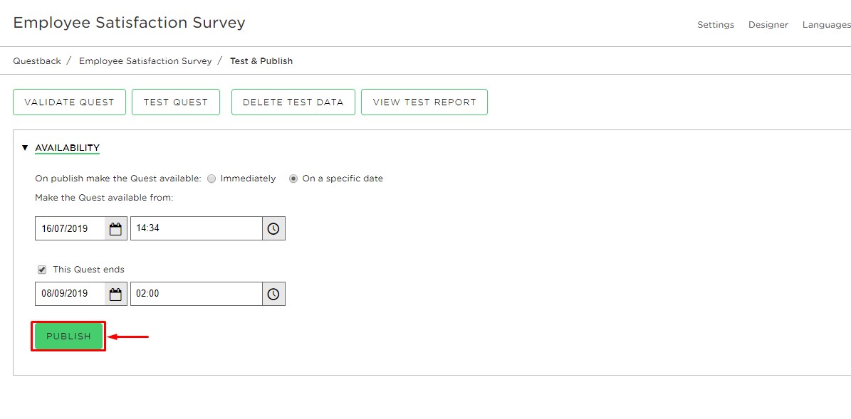 When you are pleased with the availability settings and you are done testing your quest, you can hit Publish