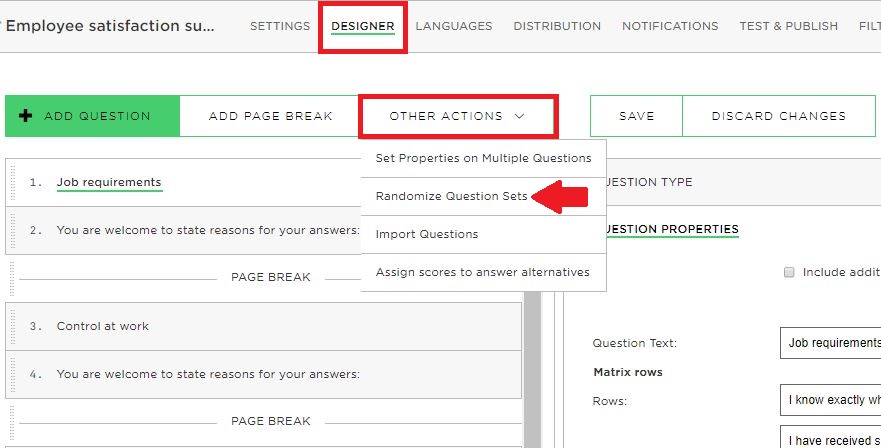 Designer Other Actions Randomize Questions Sets