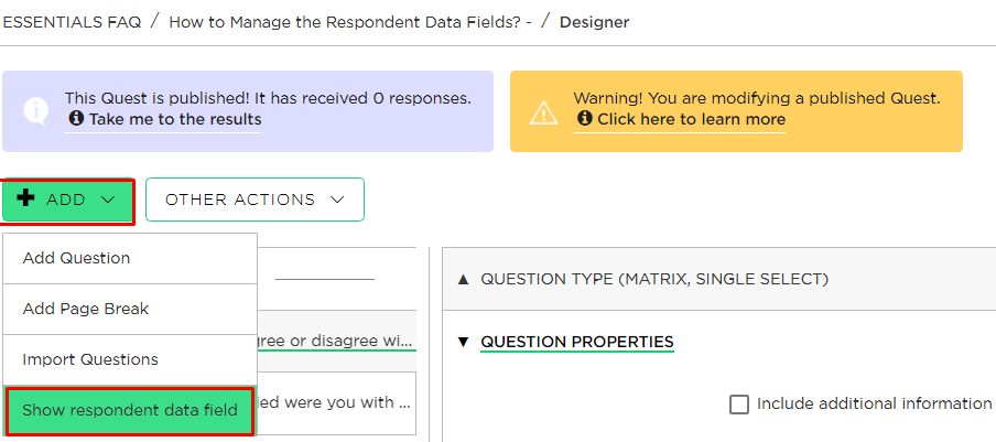 Show respondent data field