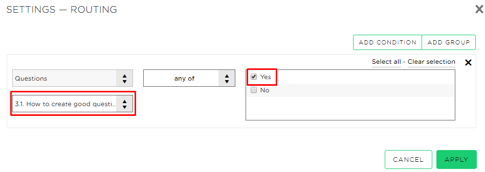 From the Condition Builder you can activate the routing for the three separate sub-questions