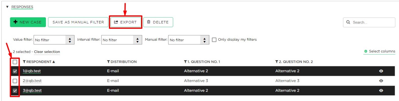 Mark the respondents you want to export in the list and click Export