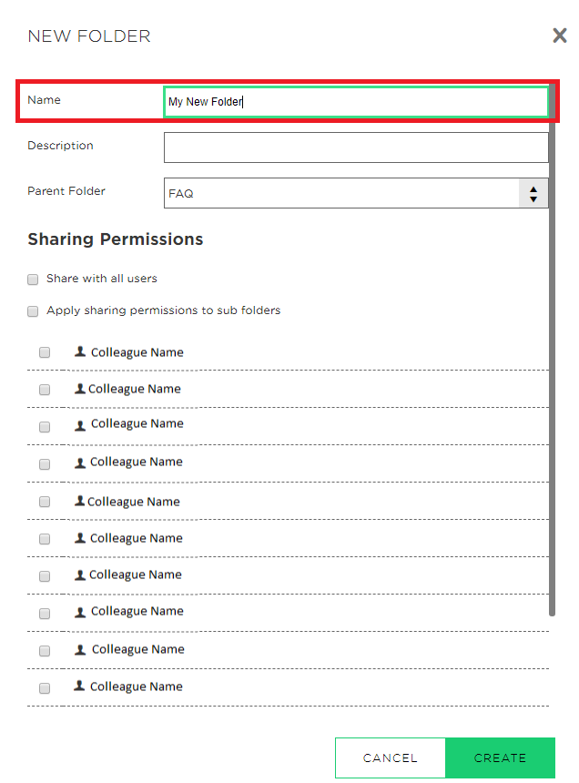 Set the name of the new folder by writing in the box next to Name