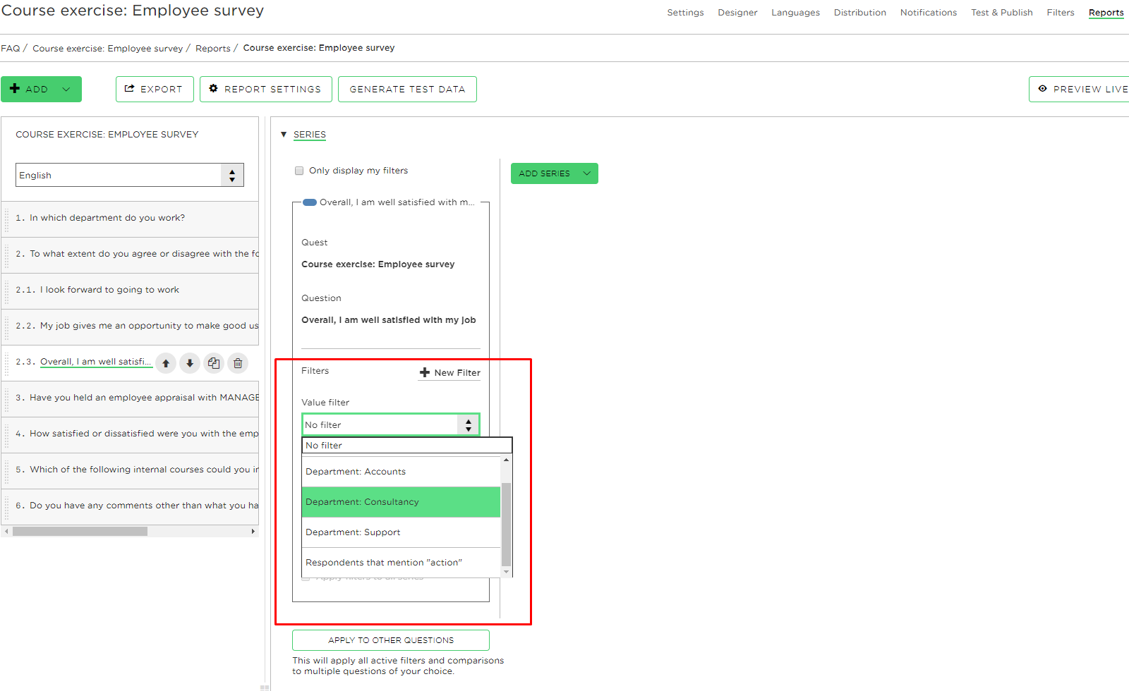 The value filters are now created and made available in your report