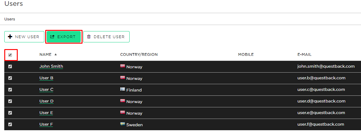 You may order an excel file with statistics about the users by selecting all users and clinking export